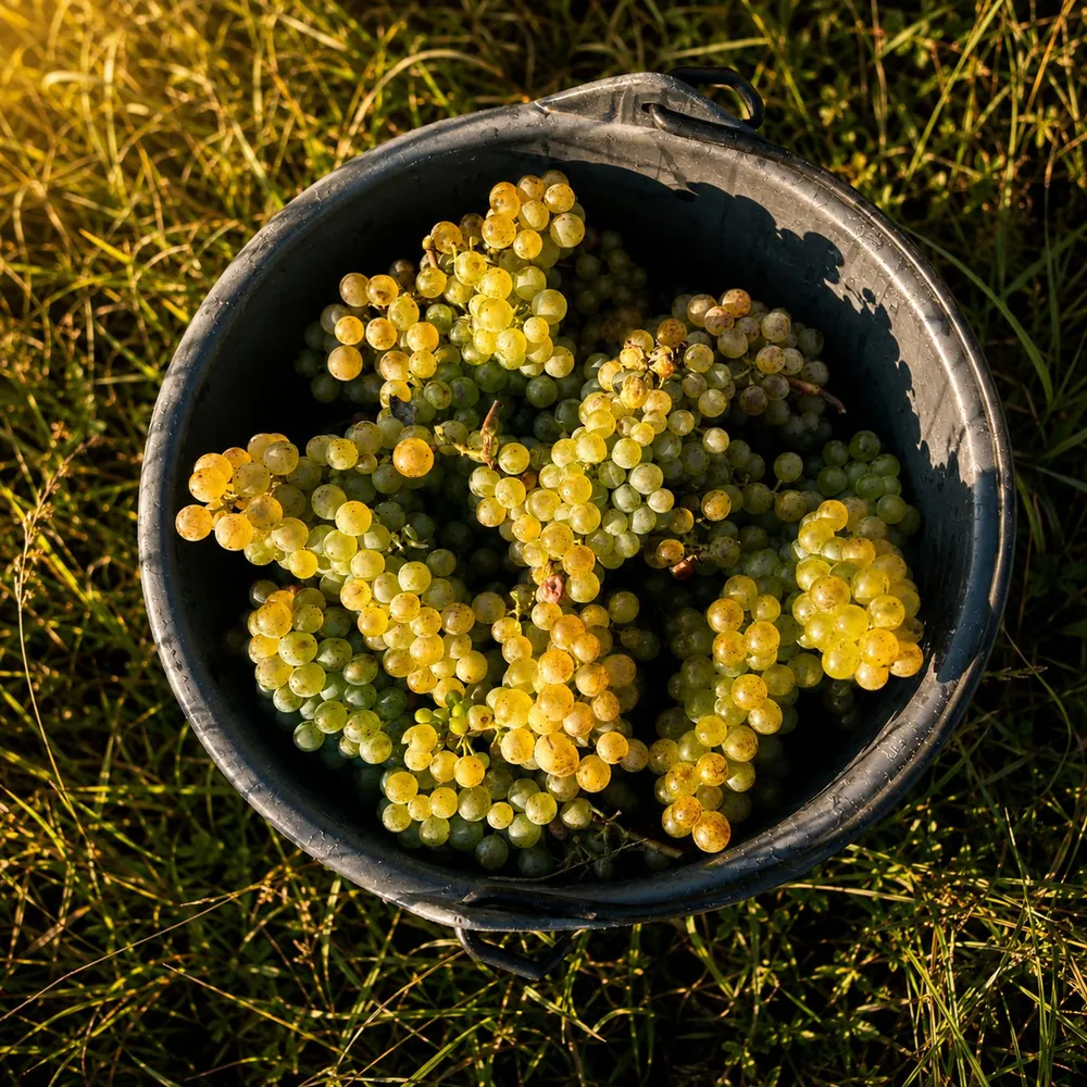 Kübel mit frisch gelesenen Weißweintrauben bei der Lese im Weingarten von Weinbau Ecker